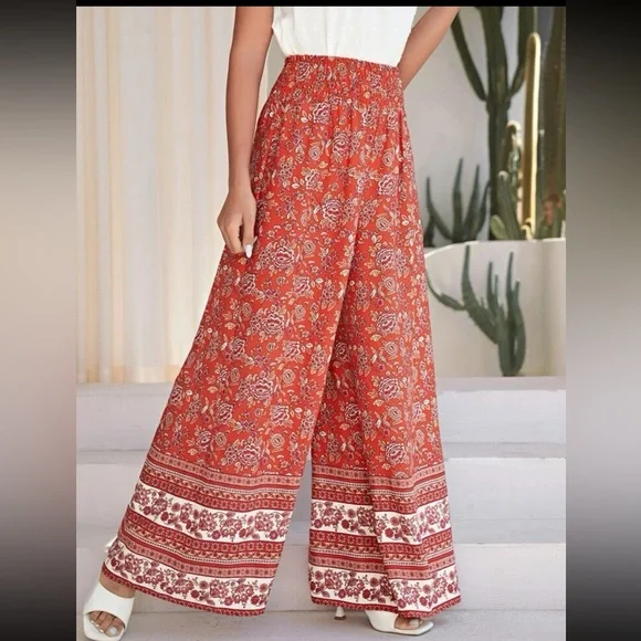 Boho Floral Print High Waist Wide Leg Palazzo Pants - Picture 3 of 5